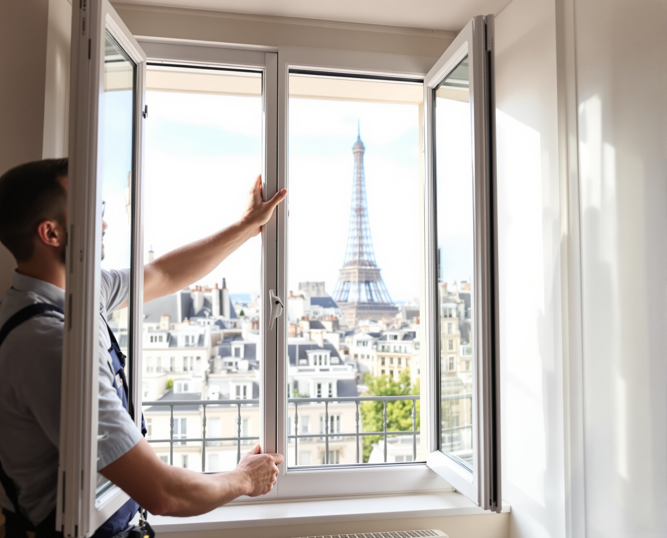 Technicien FenetrePro effectuant une réparation de fenêtre à Paris